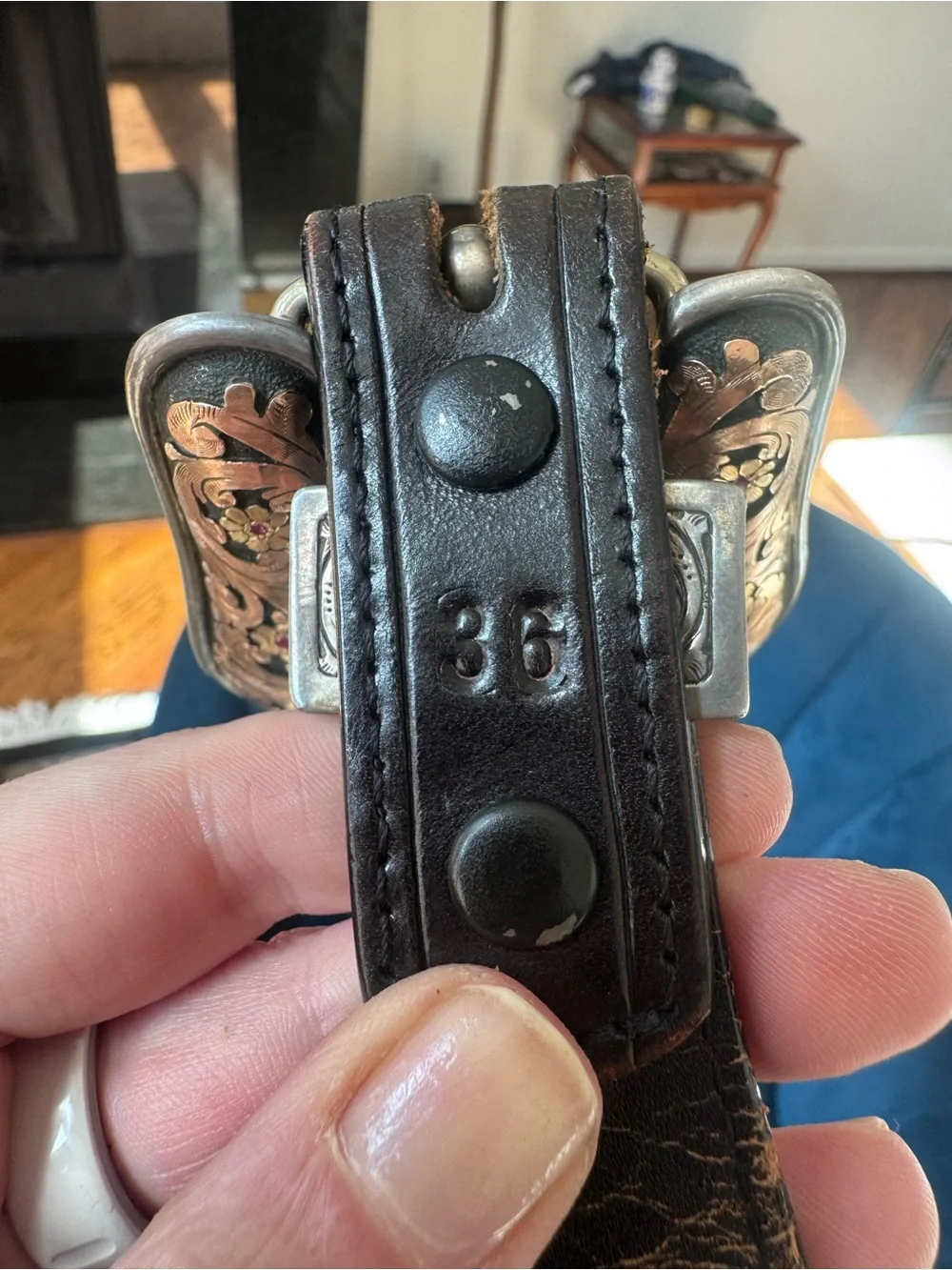 Vintage Bob Berg Hand-Tooled Western Belt Buckle with basket weave leather belt